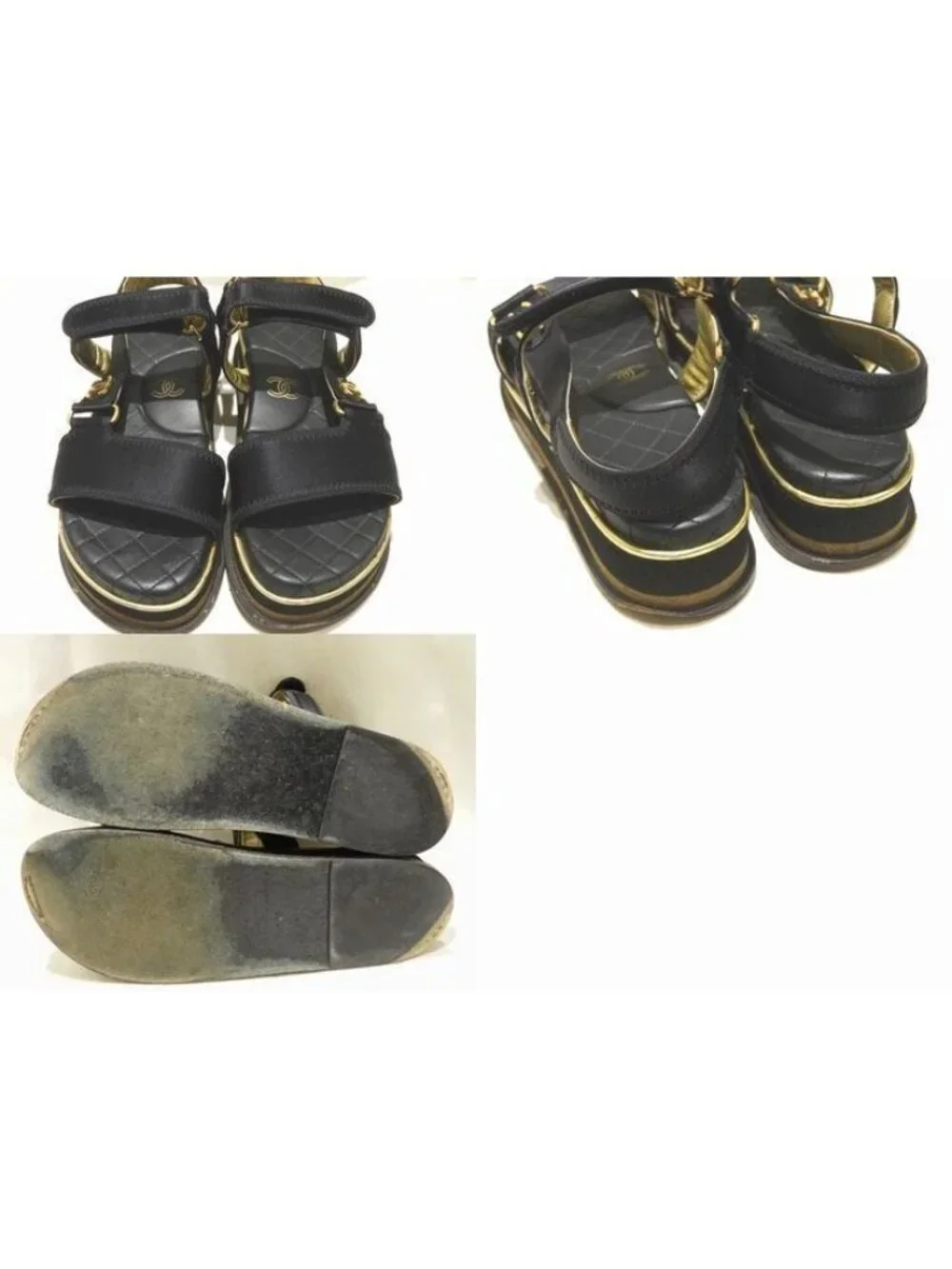 Chanel Sandals Quilted Leather Insole Satin Black CC Logo Shoes 38
